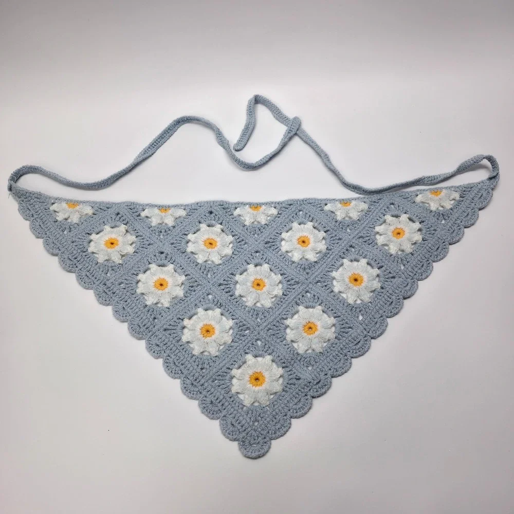 Handmade Crochet Daisy Bandana Scarf Headband‎ Blue White Yellow Headkerchief